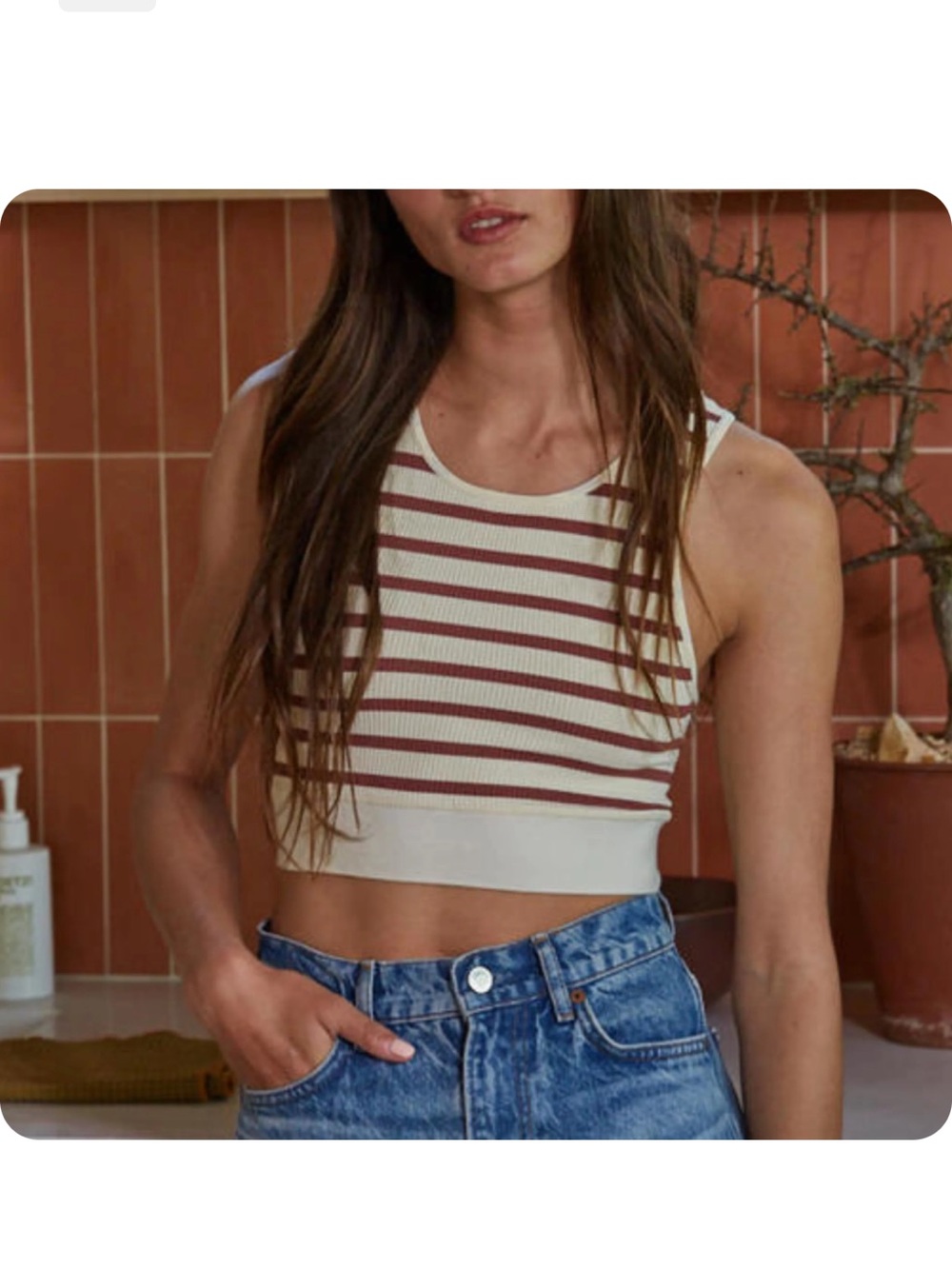 By Together Cream & Brown Striped Ribbed Cropped Tank